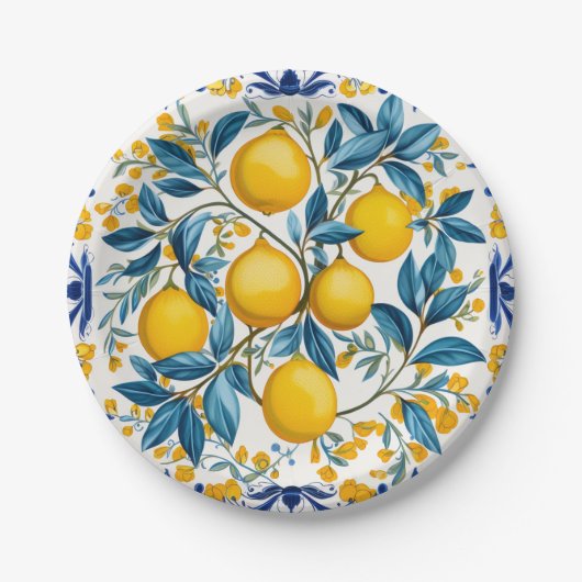💙 💛 Azulejos Lemon Orchard Paper Tellers Pappteller (Vorderseite)