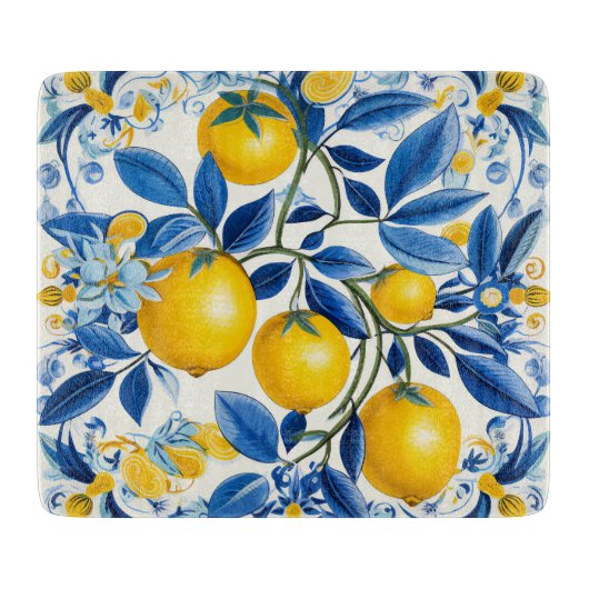💛 💙 Azulejos mit Zitronen in blau und gelb Schneidebrett (Vorderseite)