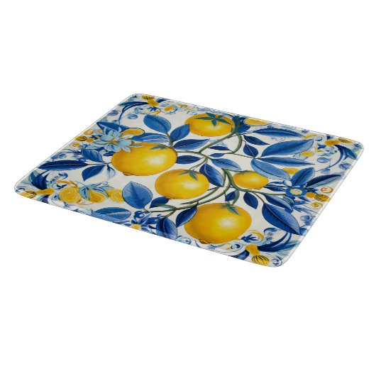 💛 💙 Azulejos mit Zitronen in blau und gelb Schneidebrett (Ecke)