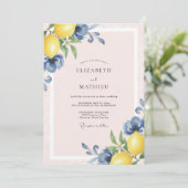 Azur-Limonen-Frucht-Eukalyptus-Hochzeit Einladung (Stehend Vorderseite)
