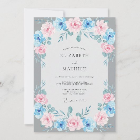 Azurblassene Hochzeit mit Blättern Einladung (Vorderseite)