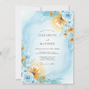 Azurblaue Amber-Sonnenblumen-Eukalyptus-Hochzeit Einladung