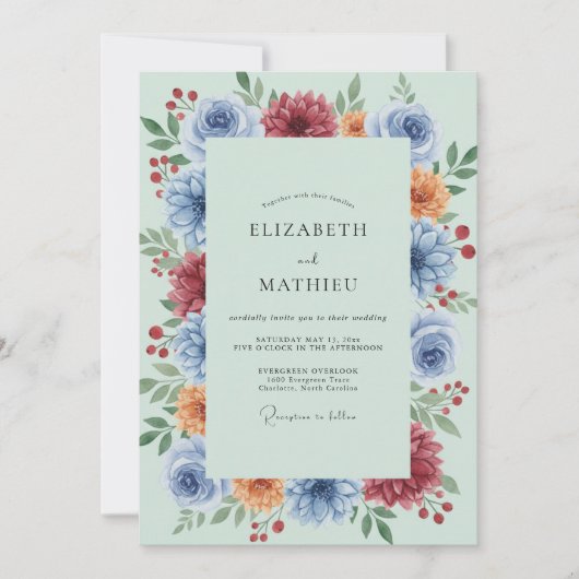 Azurblaue Bernsteingrüne Hochzeit Einladung (Vorderseite)