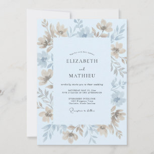 Azurblaue Creme-Laub-Eukalyptus-Hochzeit Einladung