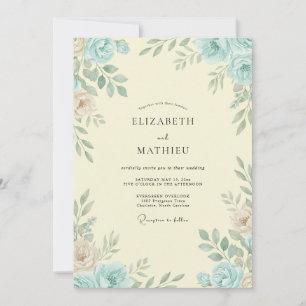 Azurblaue Elfenbein-Creme-Blatt-Hochzeit Einladung