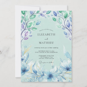 Azurblaue Gemalte Blätterhochzeit Einladung