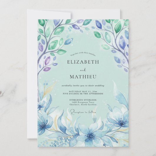 Azurblaue Gemalte Blätterhochzeit Einladung (Vorderseite)