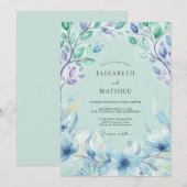 Azurblaue Gemalte Blätterhochzeit Einladung (Vorne/Hinten)