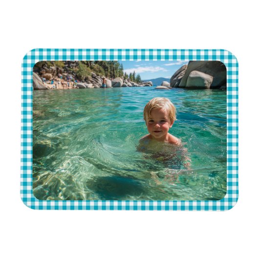 Azurblaue Gingham-Karofamilienfoto Magnet (Horizontal)