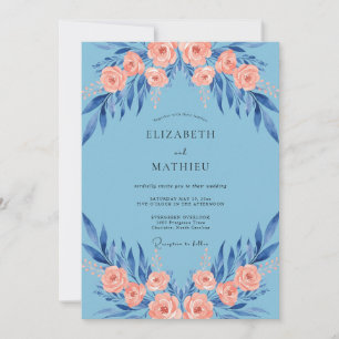 Azurblaue Korallen-Blüten-Hochzeit Einladung