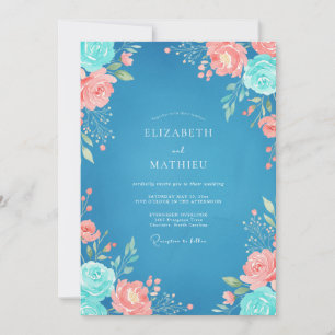 Azurblaue Korallen-Wasserfarben-Blumenhochzeit Einladung