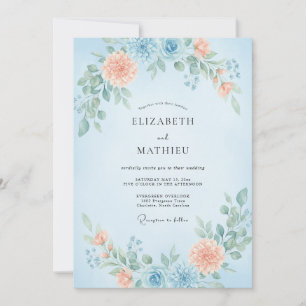 Azurblaue Korallen-Wildblumen-Hochzeit Einladung