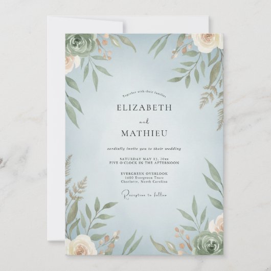 Azurblaue Olivenblatt-Hochzeit Einladung (Vorderseite)