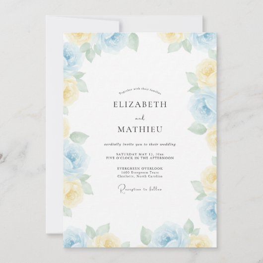 Azurblaue Primel-Gemalte Hochzeit Einladung (Vorderseite)