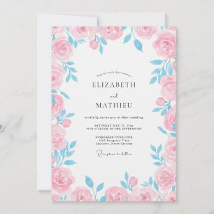 Azurblaue Puder-Soft-Pink-Blüten-Hochzeit Einladung