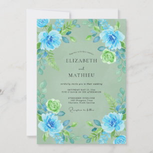 Azurblaue Salbei-Wasserfarben-Hochzeit Einladung
