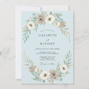 Azurblaue Taupe-Blüten-Hochzeit Einladung