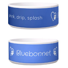 Azurblaue 'Trink-Tropf-Spritz' Hundename-Schale