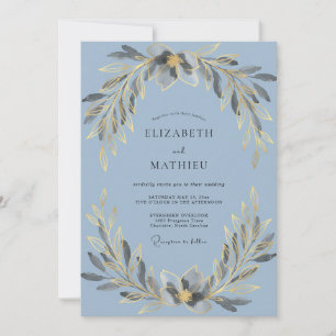 Azurblaue warme Goldkranz-Hochzeit Einladung