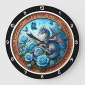 Azurblauer Drache Blaue Rose Fantasy Große Wanduhr (Vorderseite)