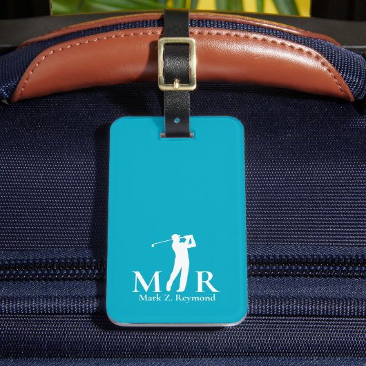 Azurblauer Golfspieler mit Monogramm Gepäckanhänger (Vorderseite Insitu 2)