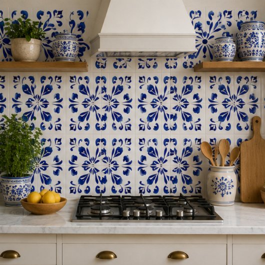Azure Arabesque Floral Geometry Elegant Coastal Fliese