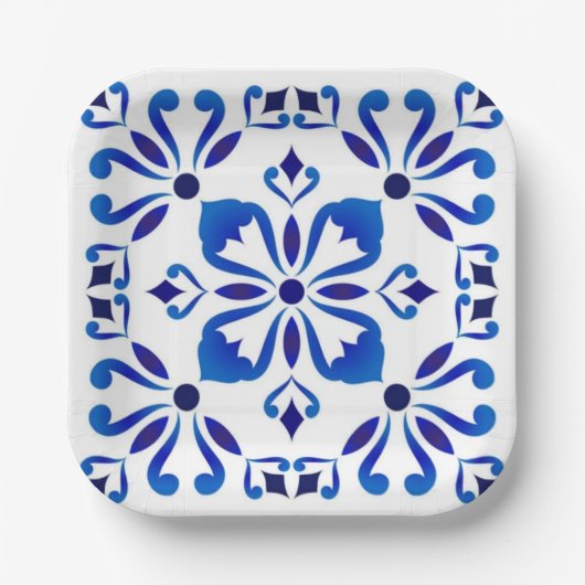 Azure Arabesque Floral Geometry Elegant Coastal Pappteller (Vorderseite)