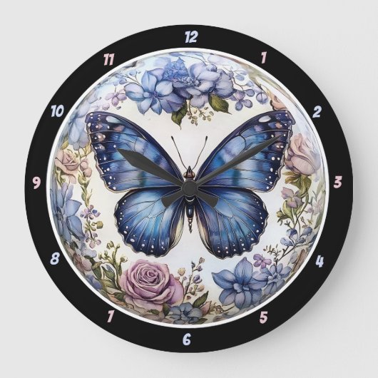 Azure Bloom" - Blauer Schmetterling Große Wanduhr (Vorderseite)
