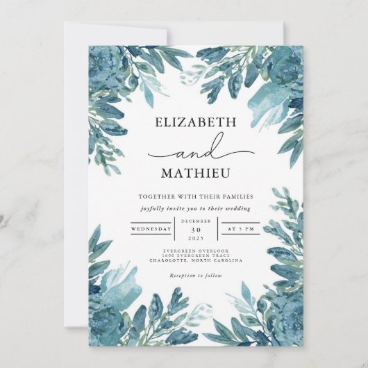 Azure Bloom Botanical Wedding Einladung (Vorderseite)