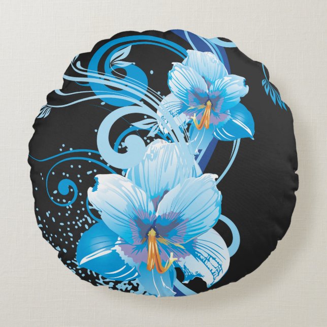Azure Bloom Elegance Rundes Kissen (Vorderseite)