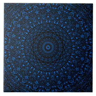 Azure Blue auf Black Mandala Kaleidoscope Medallio Fliese