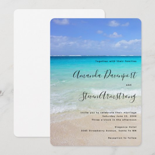 Azure Blue Caribbean Tropical Beach Wedding Einladung (Vorne/Hinten)