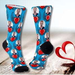 Azure Blue Custom Boyfriend Foto Red Winged Heart Socken