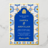 Azure Blue Persian Mosaik Muslim Wedding Gold Folieneinladung (Vorderseite)