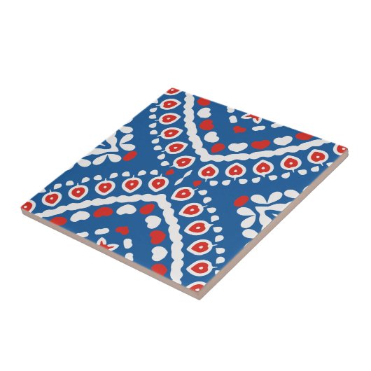 Azure Blue Red and White Ethnic Bohemisch Pattern Fliese (Seite)