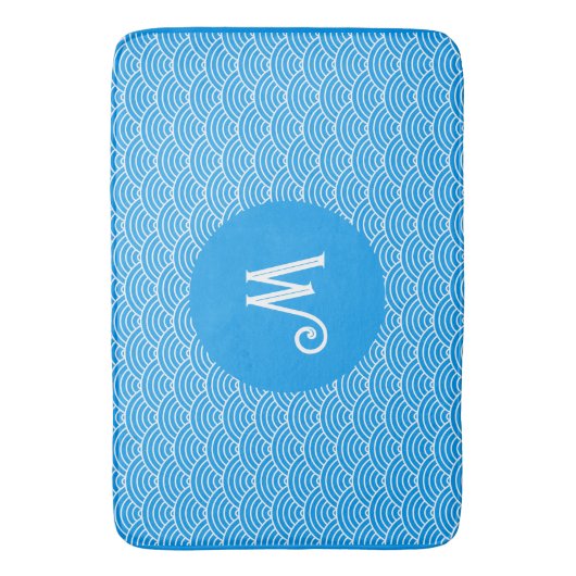 Azure Blue Wave Muster Mit Monogramm Bath Mat Badematte (Vorderseite Vertikal)