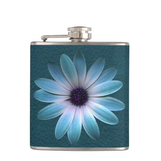 Azure Daisy auf dunkle bis Leder Druck Flachmann (Vorderseite)