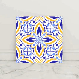 Azure Elegance Blue and Gold Floral Mosaic Fliese