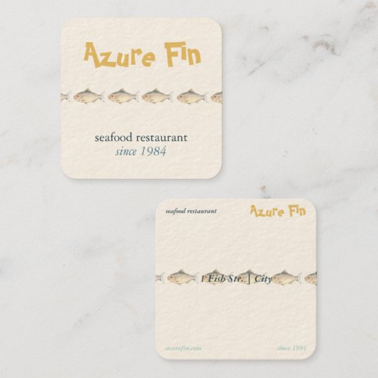 Azure Fin Coastal Fish Pattern Seafood Restaurant Quadratische Visitenkarte (Vorne/Hinten)