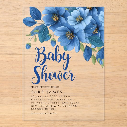 Azure Floral Acrylic Baby Shower Invitation Acryleinladungen (Vorderseite)