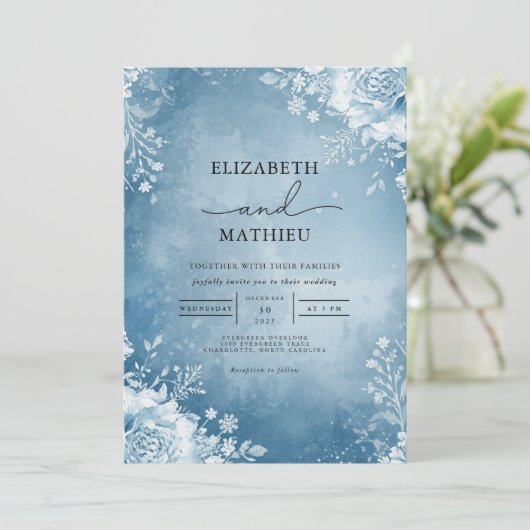 Azure Frost Blühend Hochzeit Einladung (Stehend Vorderseite)