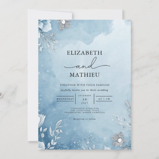 Azure Frost Botanical Wedding Einladung (Vorderseite)