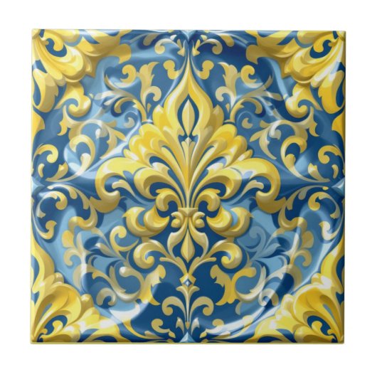 Azure Gold Damask Fliese (Vorderseite)