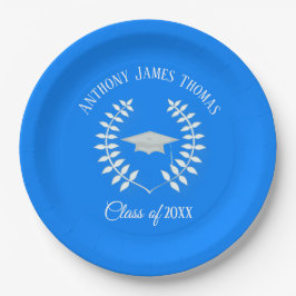 Azure Grad Cap und Blätter Papier Teller 9"
