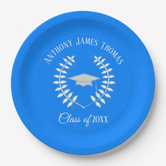 Azure Grad Cap und Blätter Papier Teller 9" (Vorderseite)