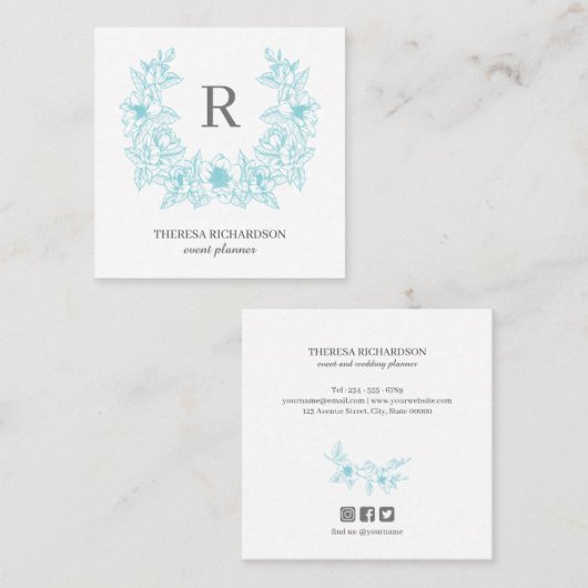 Azure Magnolia Wreath Monogram Social Media Quadratische Visitenkarte (Vorne/Hinten)