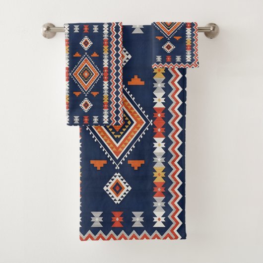 Azure Navy and Terracotta Geometric Tribal Badhandtuch Set (Insitu)