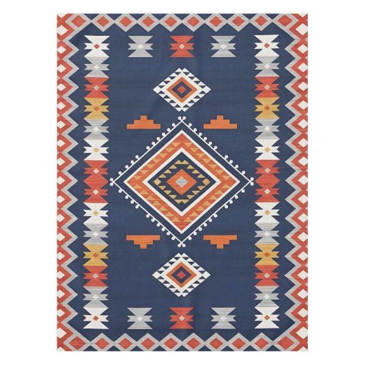 Azure Navy and Terracotta Geometric Tribal Tischdecke (Vorderseite)