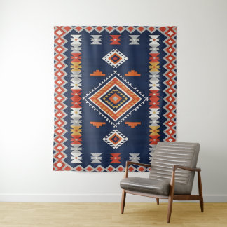 Azure Navy and Terracotta Geometric Tribal Wandteppich