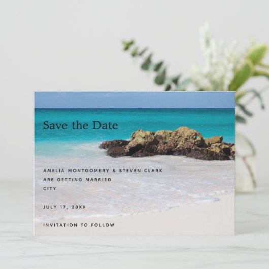 Azure Ocean Sandy Beach Foto Wedding Save The Date (Stehend Vorderseite)